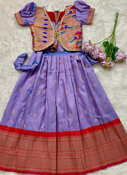 Evanik Purple Soft Paithani Silk Zari Weaving Pavadai For Kids Gown & Koti