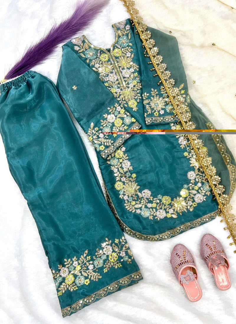 Evanik Turquoise Kids Festival Wear Black Embroidered Silk Kurta Palazzo Set