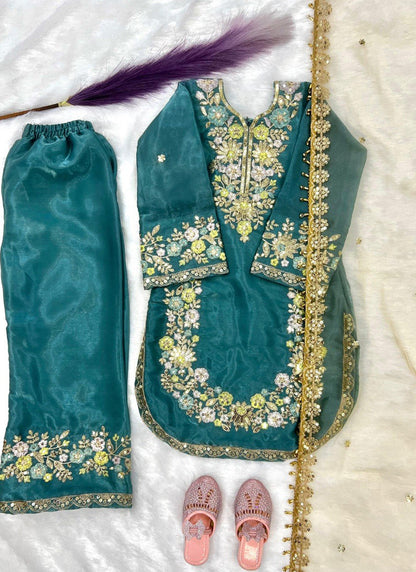 Evanik Turquoise Kids Festival Wear Black Embroidered Silk Kurta Palazzo Set