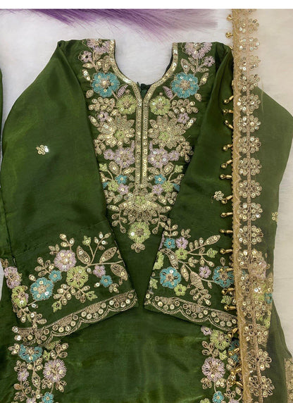 Evanik Green Kids Festival Wear Black Embroidered Silk Kurta Palazzo Set