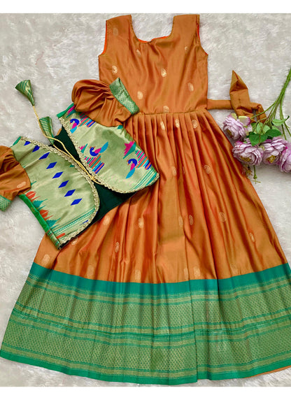 Evanik Orange Soft Paithani Silk Zari Weaving Pavadai For Kids Gown & Koti