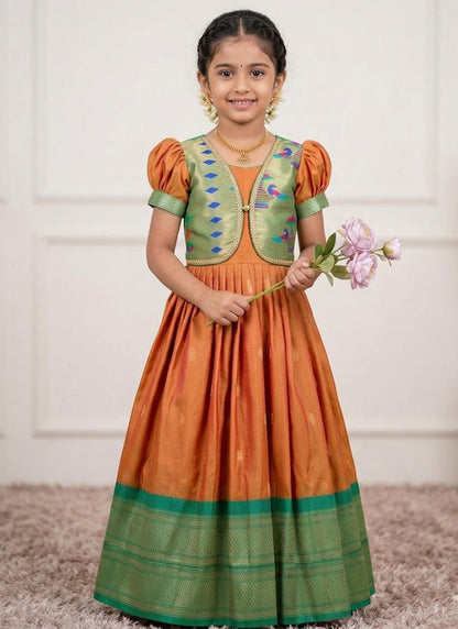 Evanik Orange Soft Paithani Silk Zari Weaving Pavadai For Kids Gown & Koti
