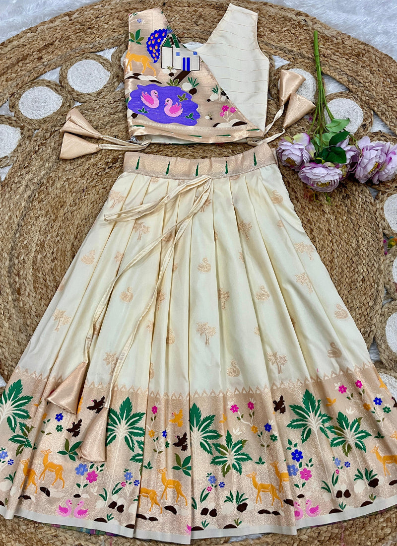 Evanik White Soft Silk Paithani Design Zari Weaving Pavadai Lehenga Choli For Kids