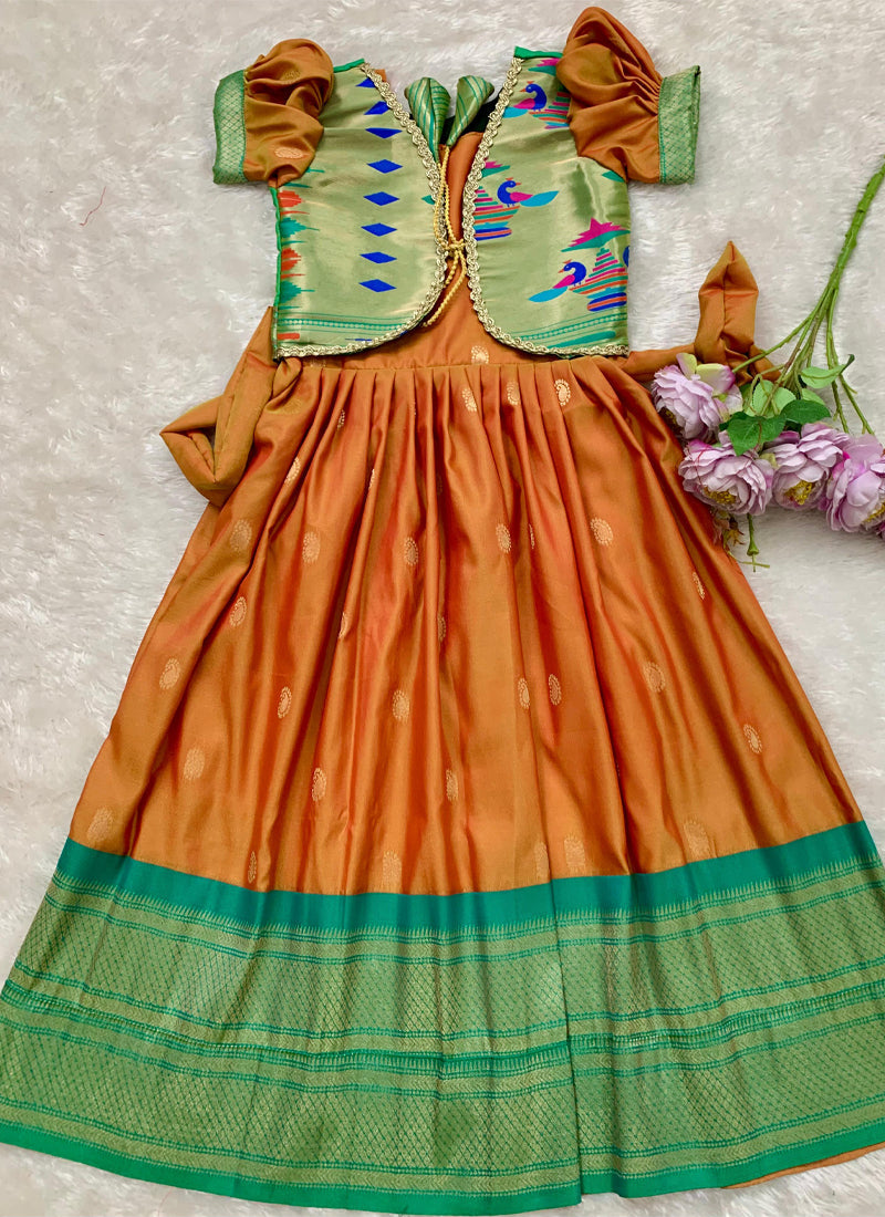 Evanik Orange Soft Paithani Silk Zari Weaving Pavadai For Kids Gown & Koti