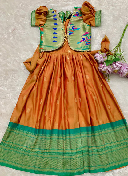Evanik Orange Soft Paithani Silk Zari Weaving Pavadai For Kids Gown & Koti