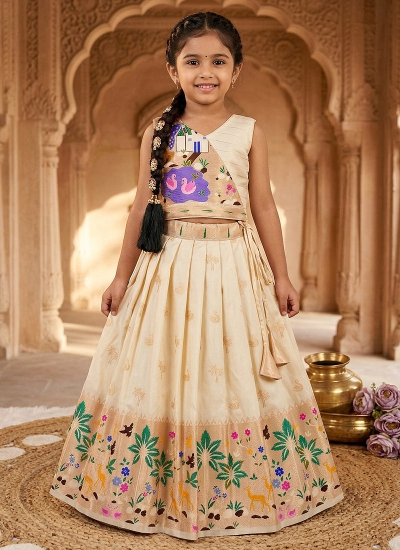 Evanik White Soft Silk Paithani Design Zari Weaving Pavadai Lehenga Choli For Kids