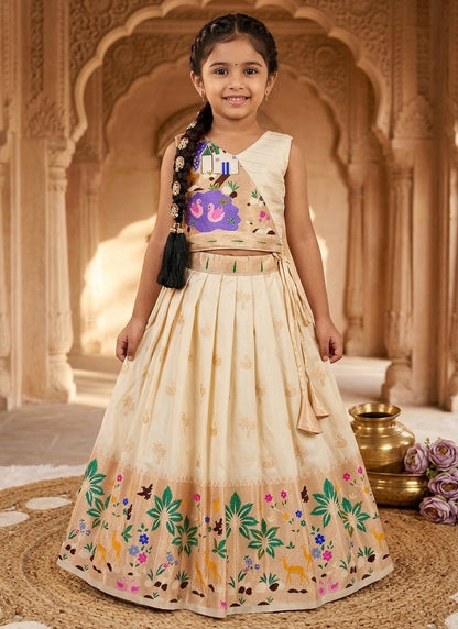 Evanik White Soft Silk Paithani Design Zari Weaving Pavadai Lehenga Choli For Kids