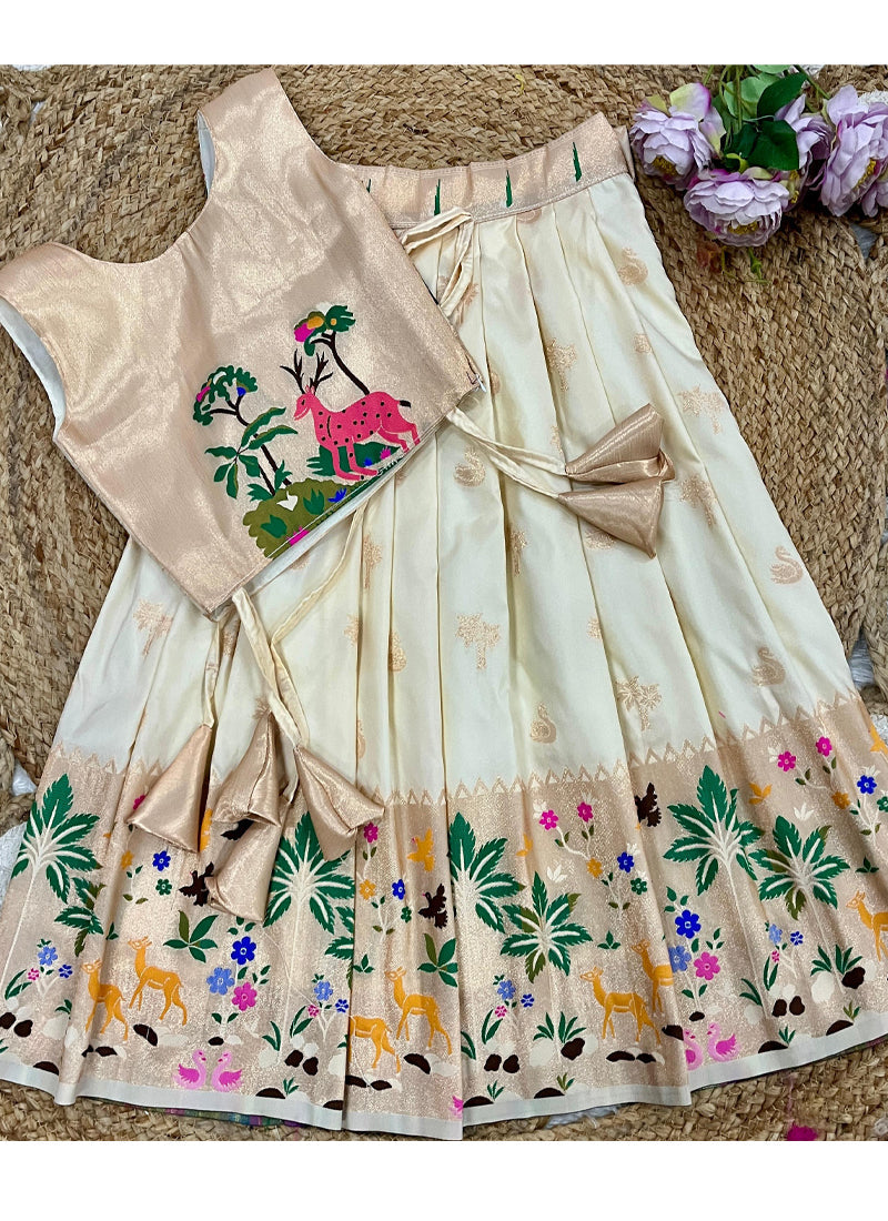 Evanik White Soft Silk Paithani Design Zari Weaving Pavadai Lehenga Choli For Kids