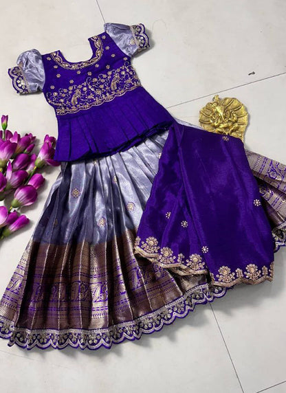 Evanik Kids Purple Simmer Silk Zari Weaving Pavadai Lehenga Choli Set