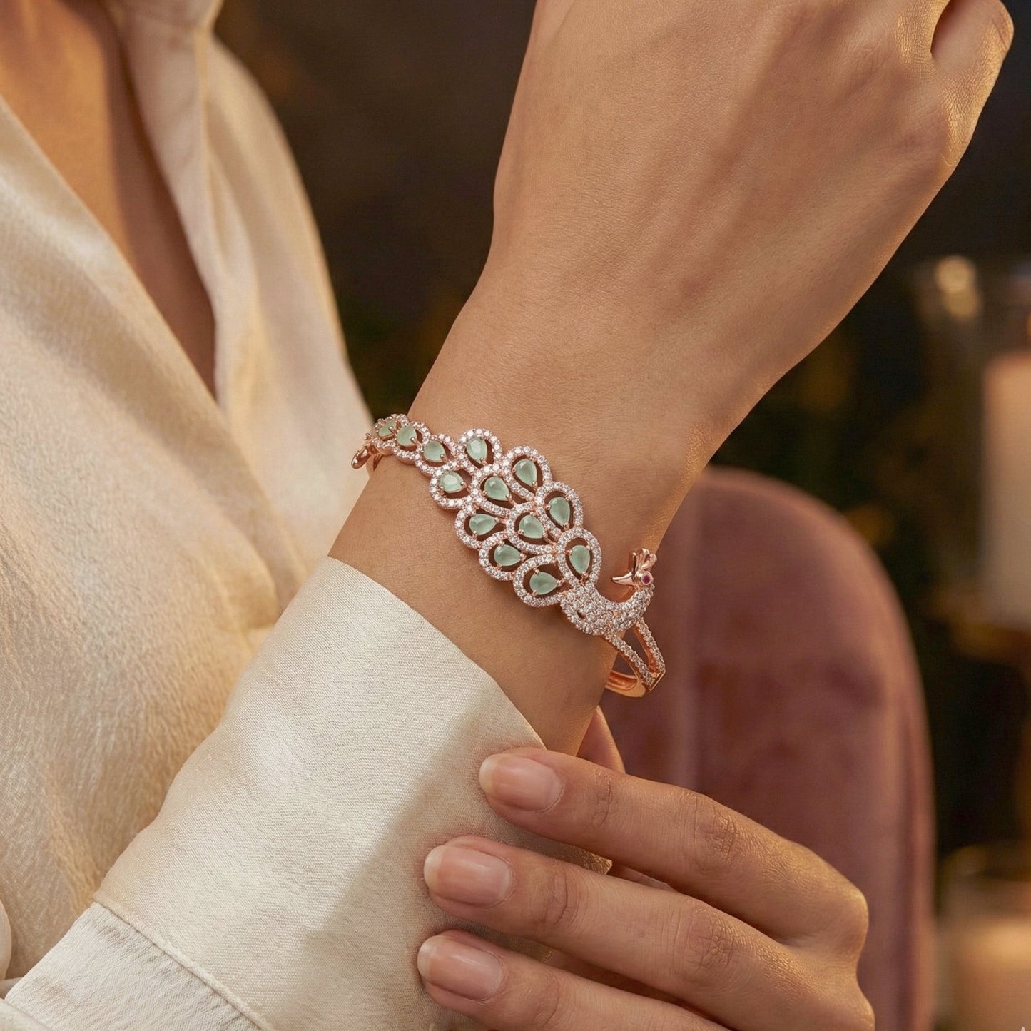 Mayura – Rose Gold Mint Green Peacock Kada Bracelet