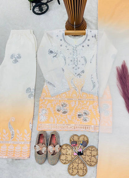 Evanik Yellow Designer Party Wear Heavy Natural Crepe Kids Top Palazzo & Dupatta Set