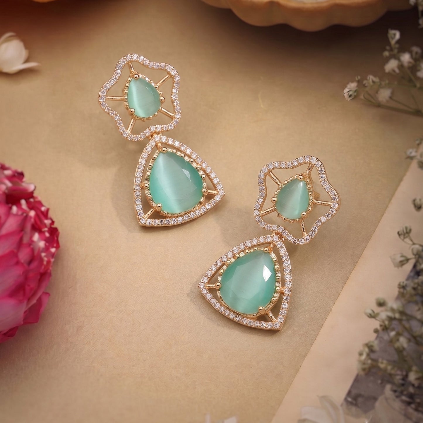 Divyata Mint Green CZ Hasli Drop Earrings