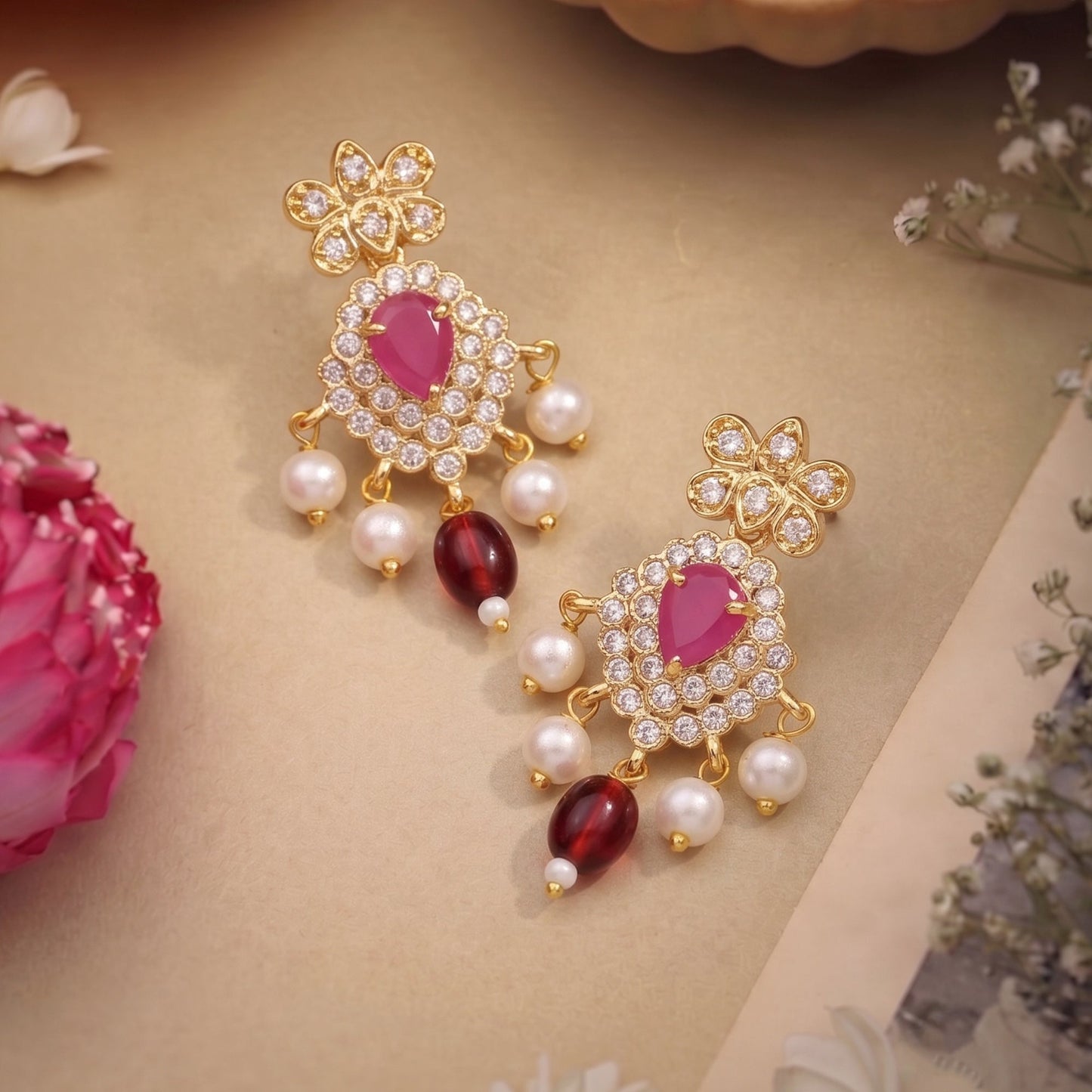 Shrivalli Ruby CZ Hasli Drop Earrings