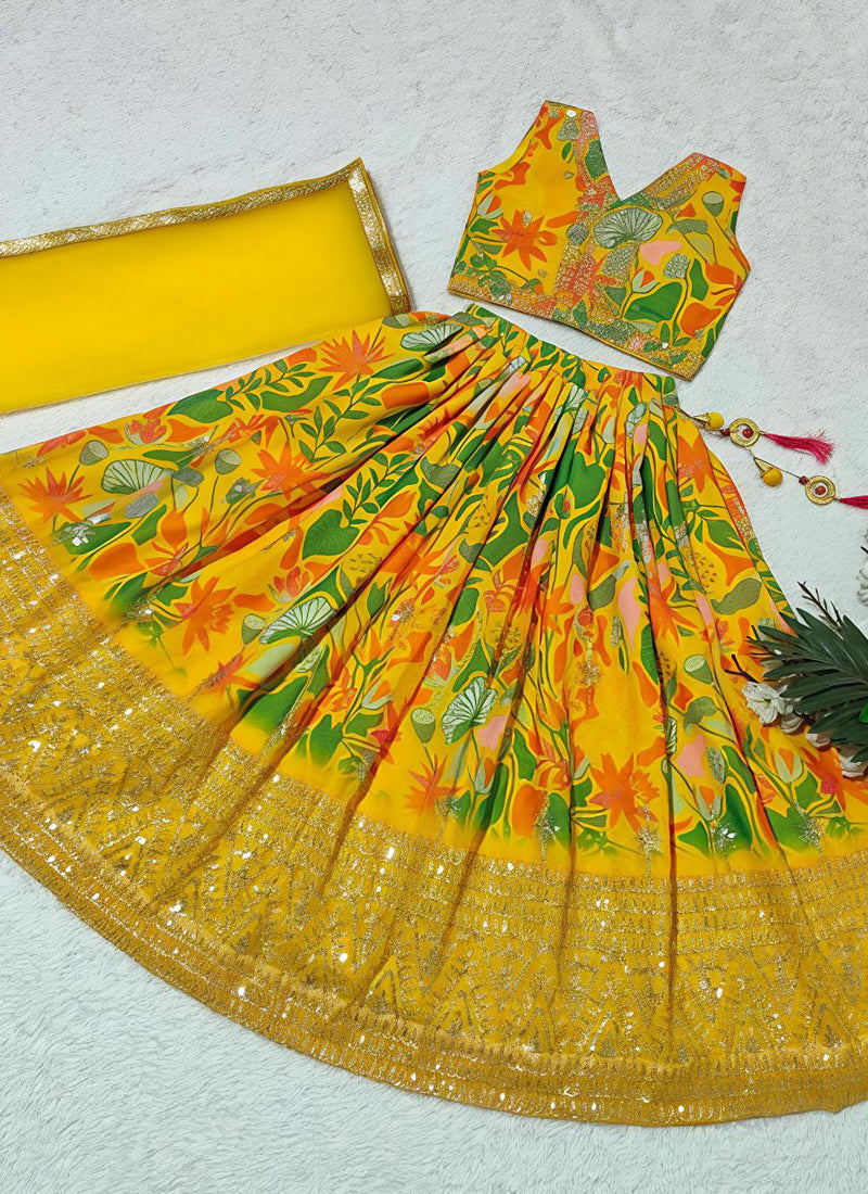 Evanik Yellow Georgette Digital Printed Wedding Kids Lehenga Choli