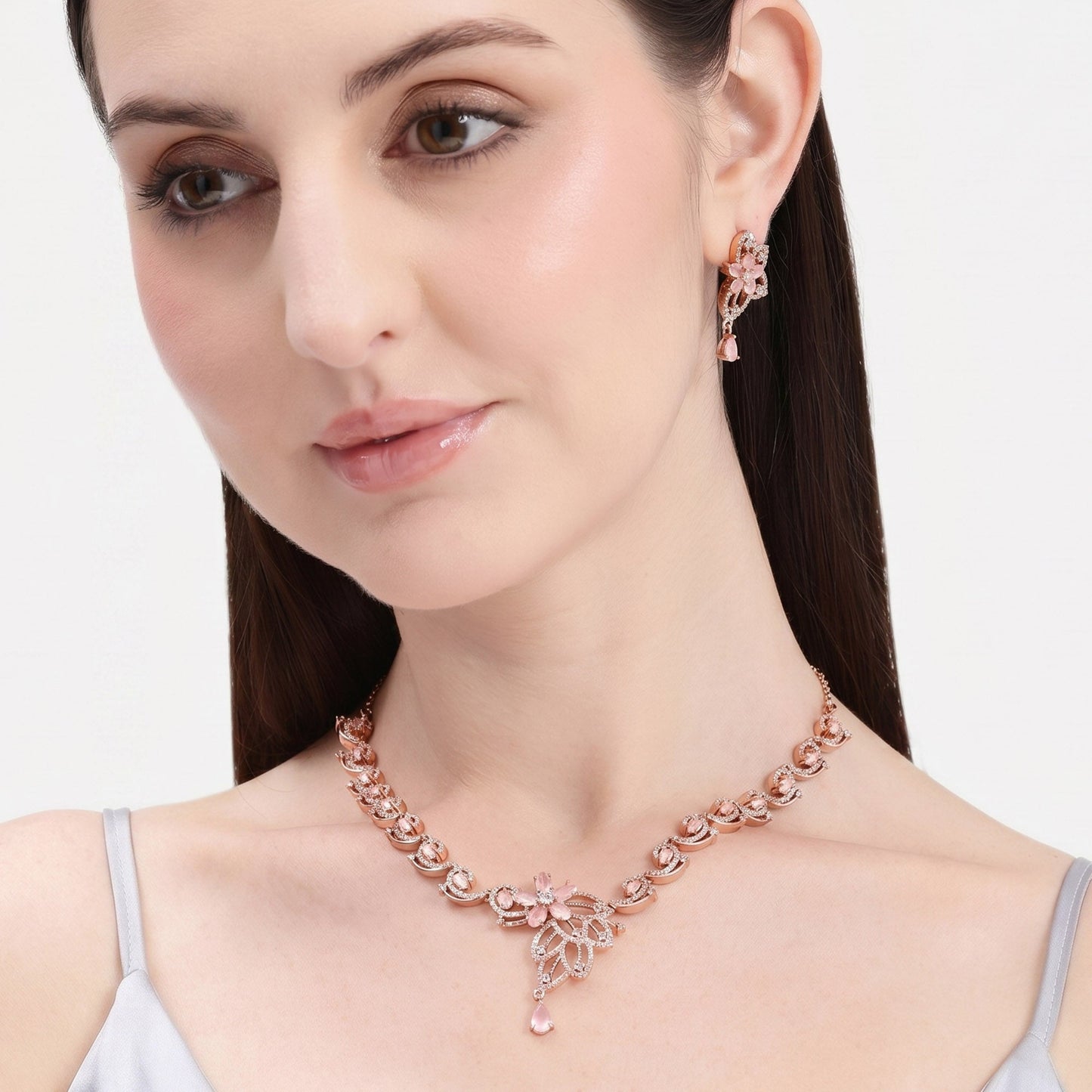Mint Pink CZ Floral Necklace Set