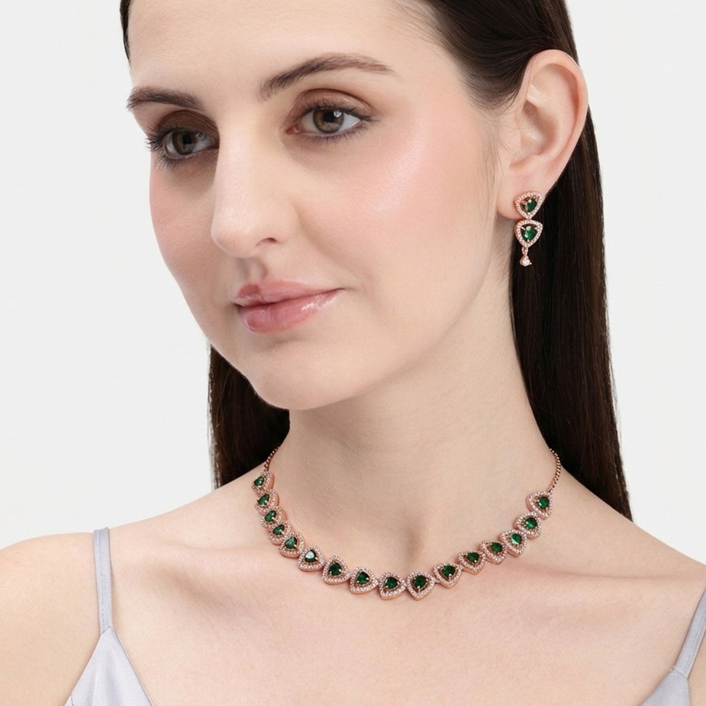 Green CZ Triangle Motif Necklace Set