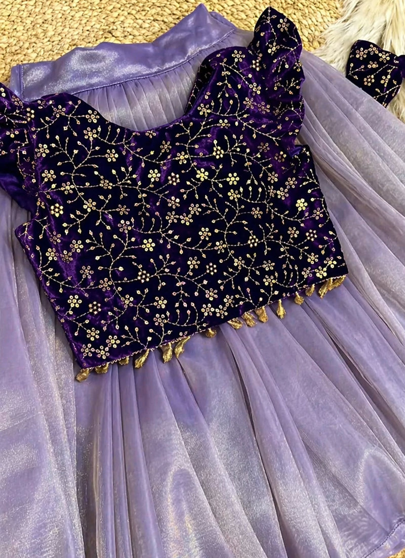 Evanik Purple Premium Micro Velvet Sequence Work Kids Lehenga Choli