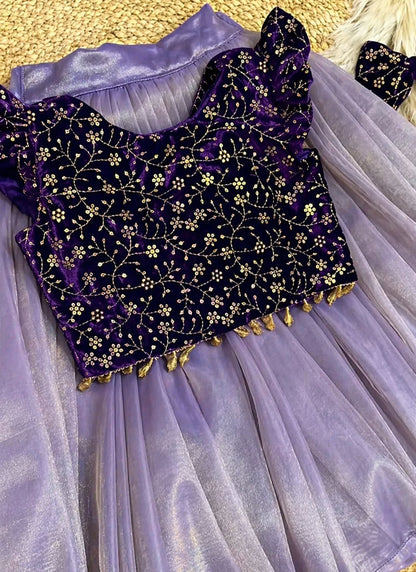 Evanik Purple Premium Micro Velvet Sequence Work Kids Lehenga Choli