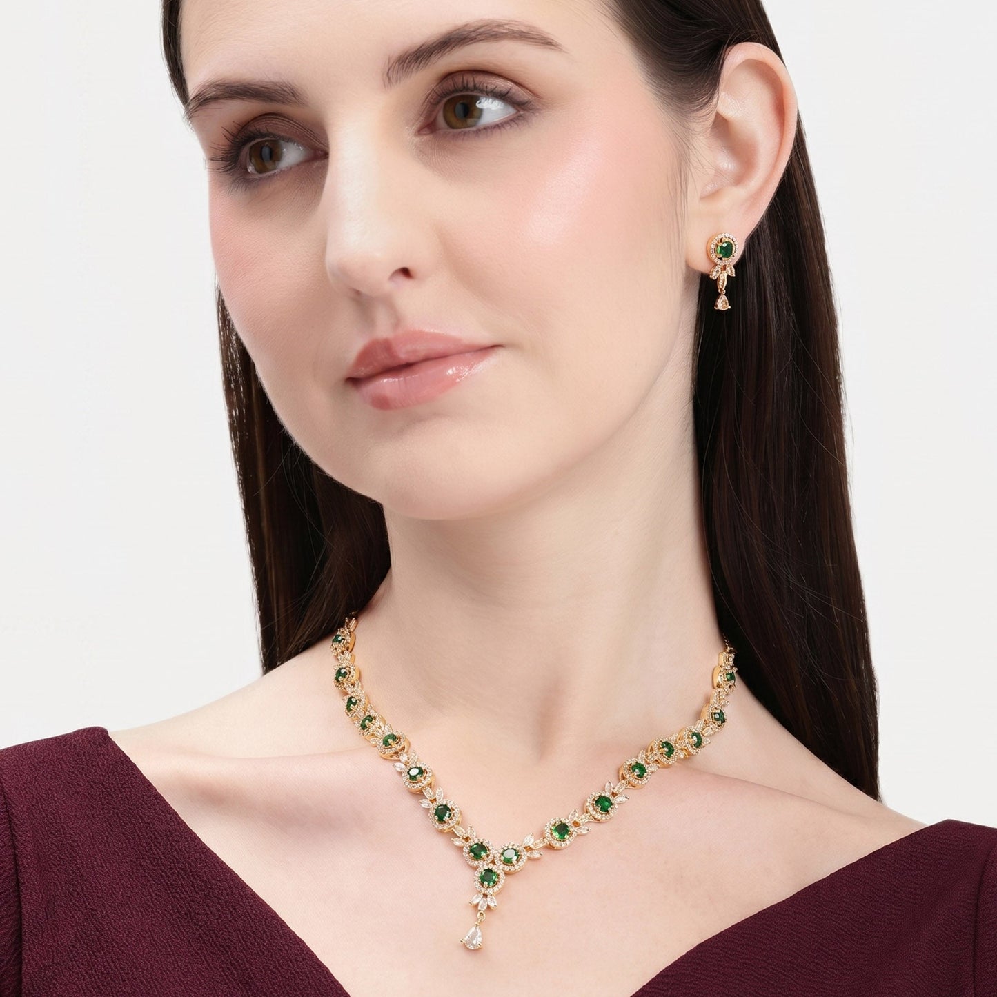 Green Stone CZ Floral Necklace Set