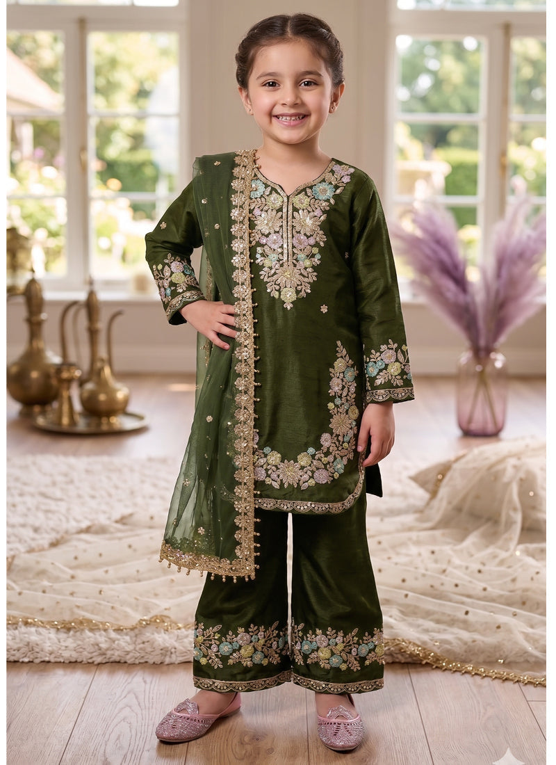 Evanik Green Kids Festival Wear Black Embroidered Silk Kurta Palazzo Set