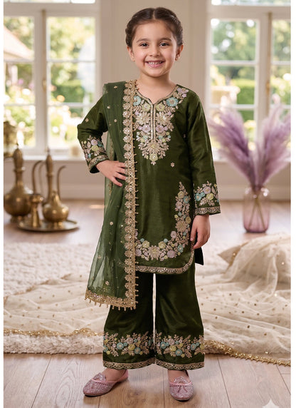 Evanik Green Kids Festival Wear Black Embroidered Silk Kurta Palazzo Set