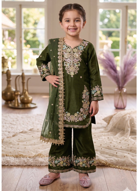 Evanik Green Kids Festival Wear Black Embroidered Silk Kurta Palazzo Set