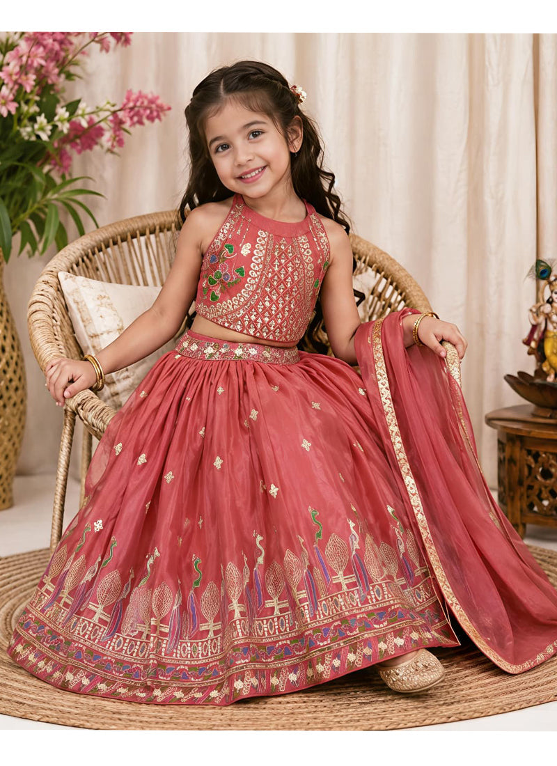 Evanik Kids Girls Pink Embroidered Silk Lehenga Choli Set with Dupatta
