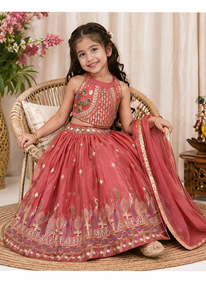 Evanik Kids Girls Pink Embroidered Silk Lehenga Choli Set with Dupatta