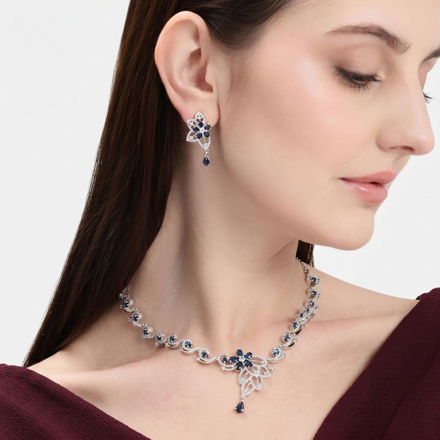 Blue Floral Statement Necklace Set