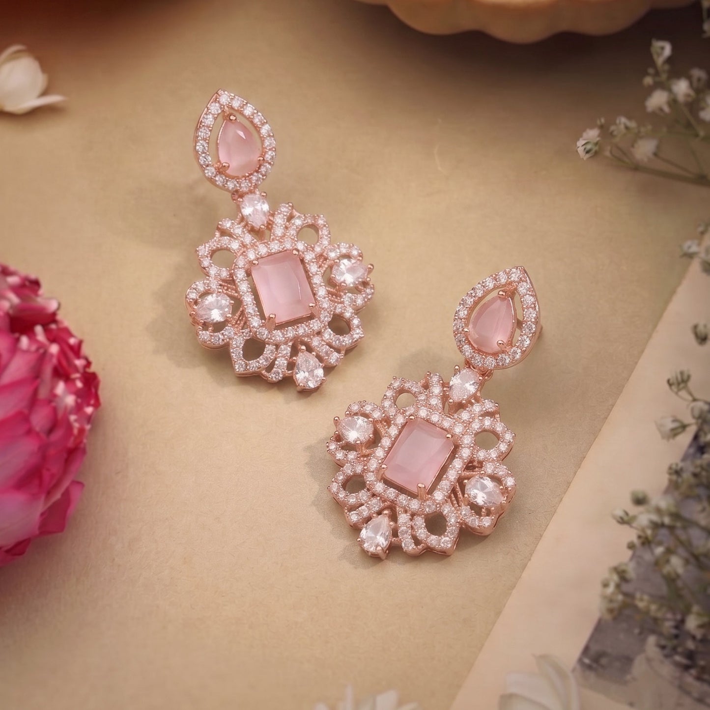 Manohari Mint Pink CZ Hasli Drop Earrings