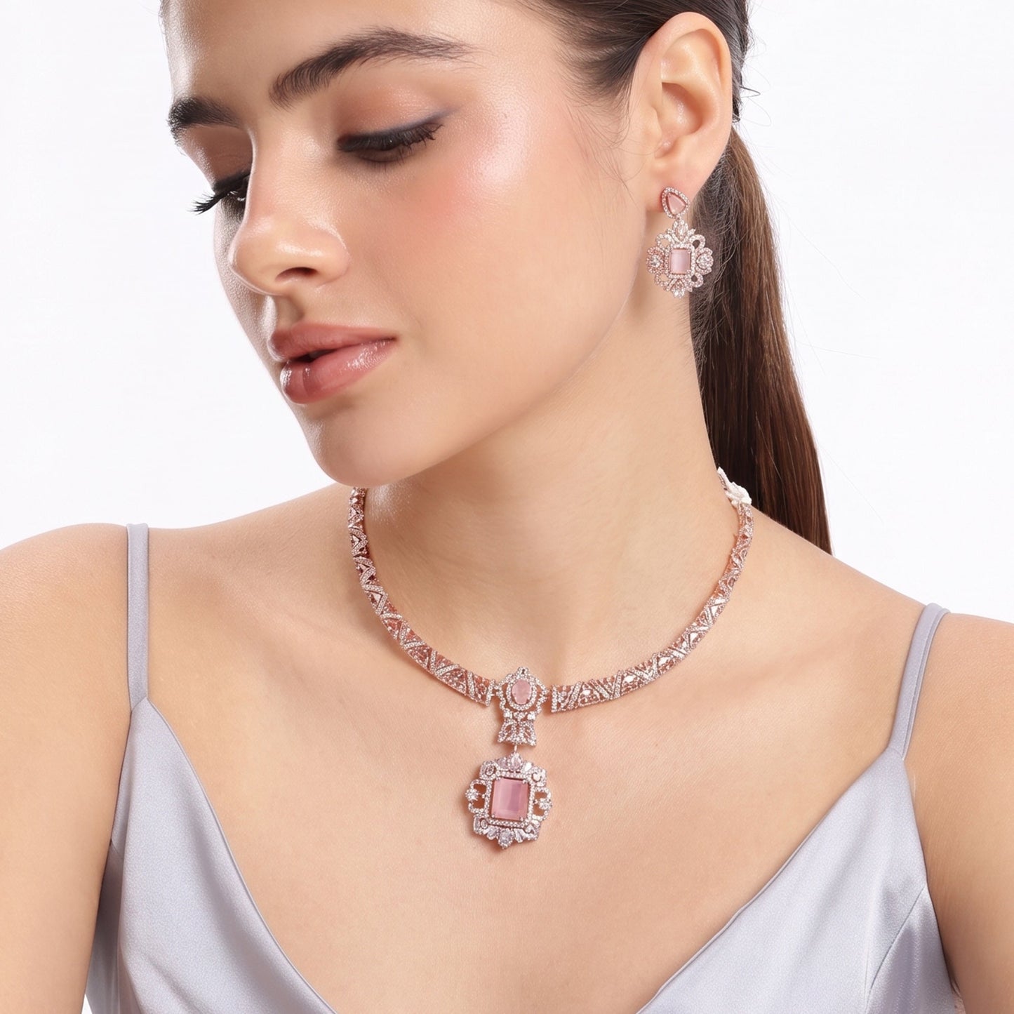Rajratna Mint Pink CZ Hasli Necklace Set