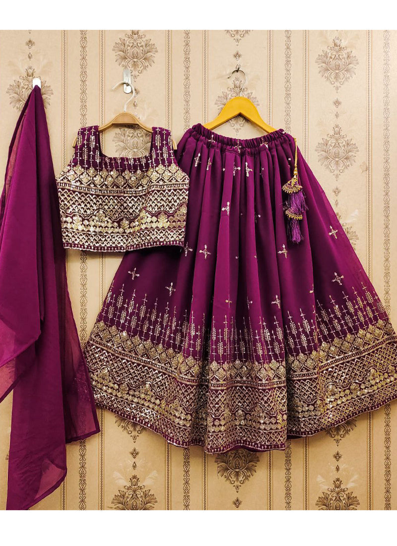 Evanik Purple Designer Georgette Embroidered Work Wedding Lehenga Choli For Kids