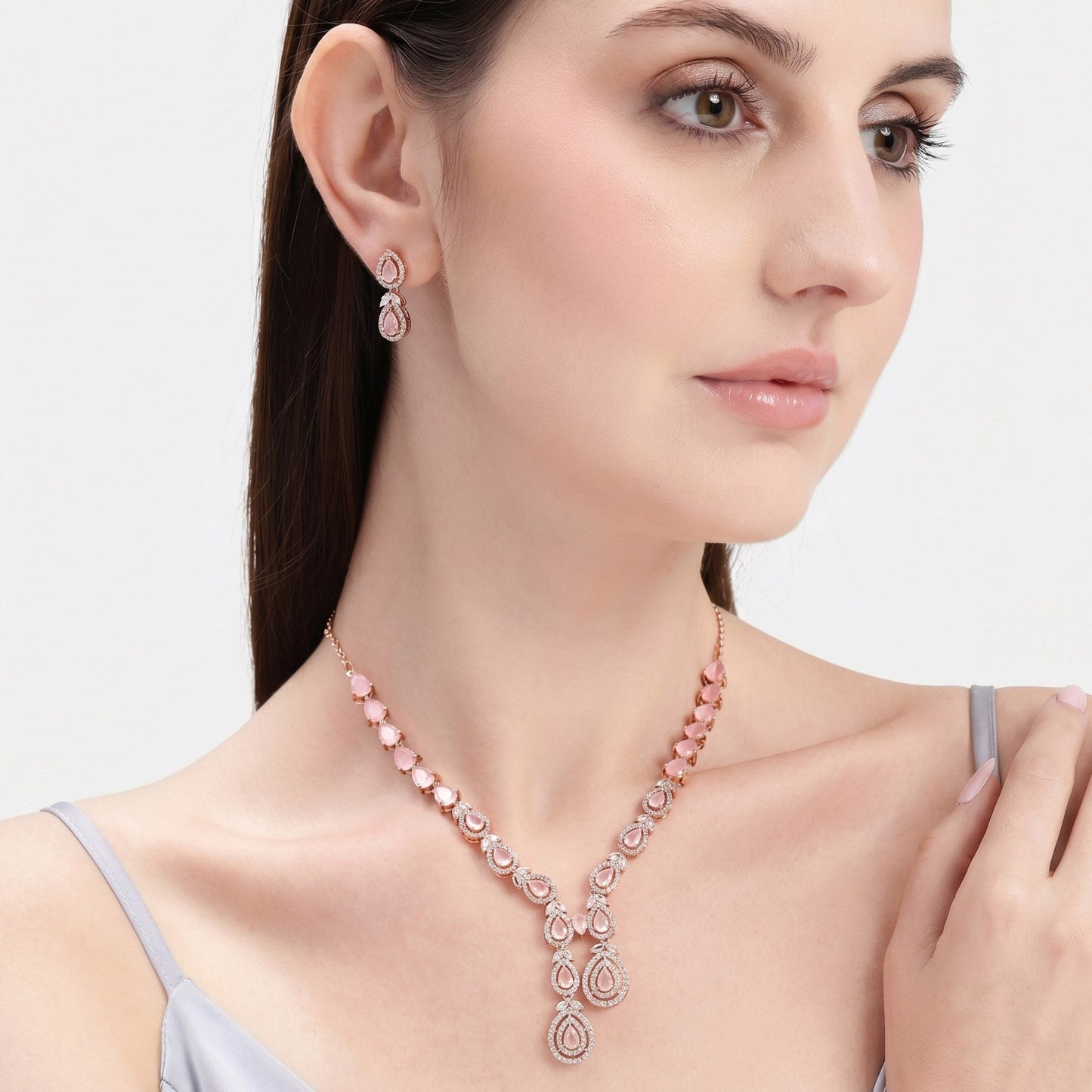 Mint Pink CZ Leaf Necklace Set
