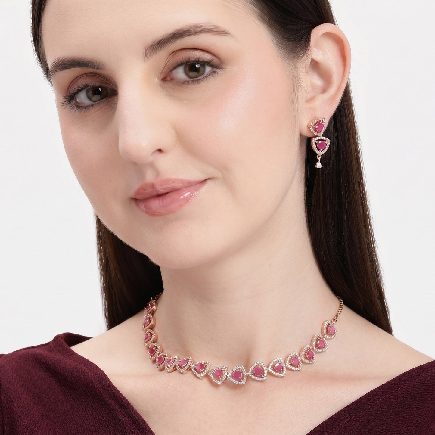 Ruby CZ Framed Motif Necklace Set