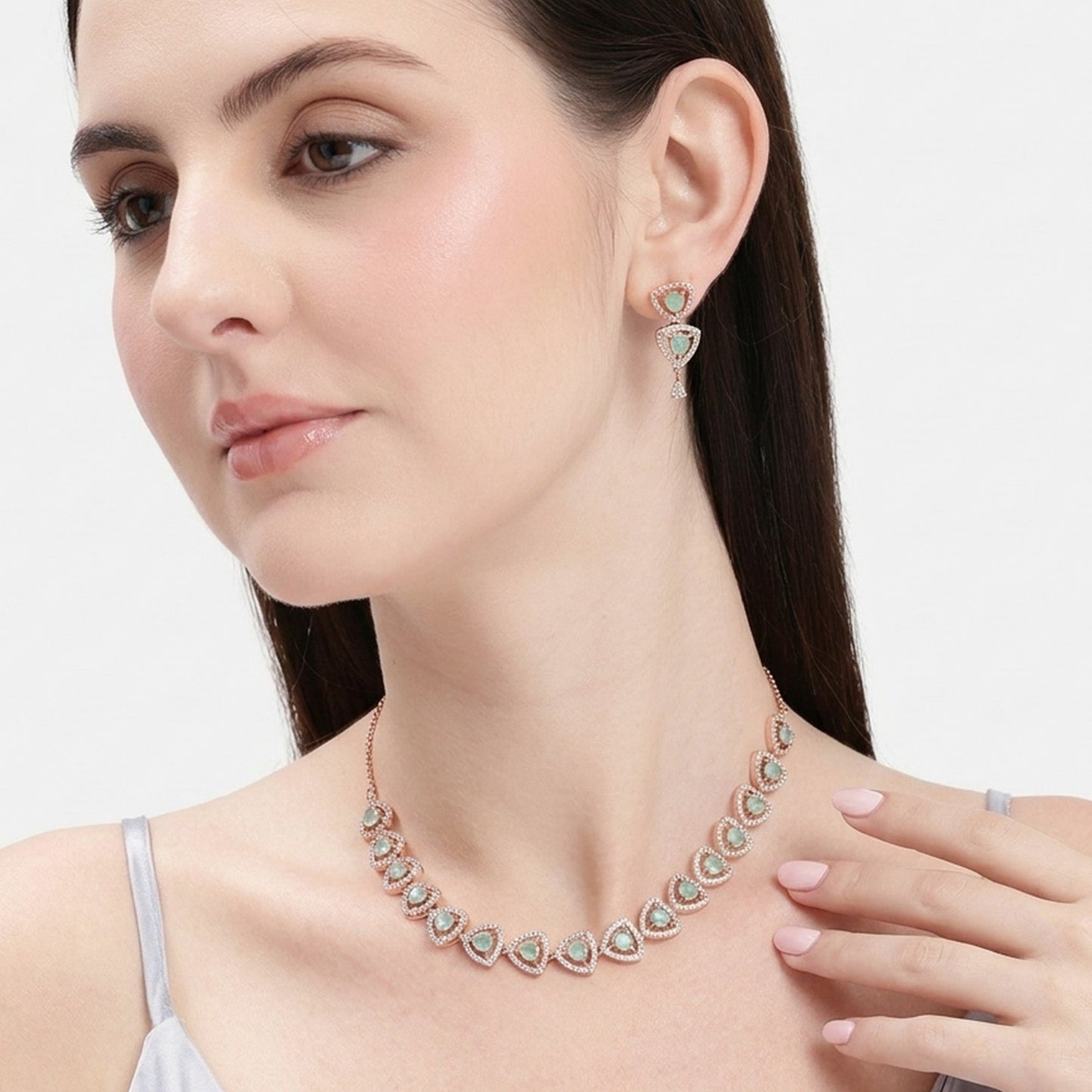 Mint Green CZ Triangle Necklace Set
