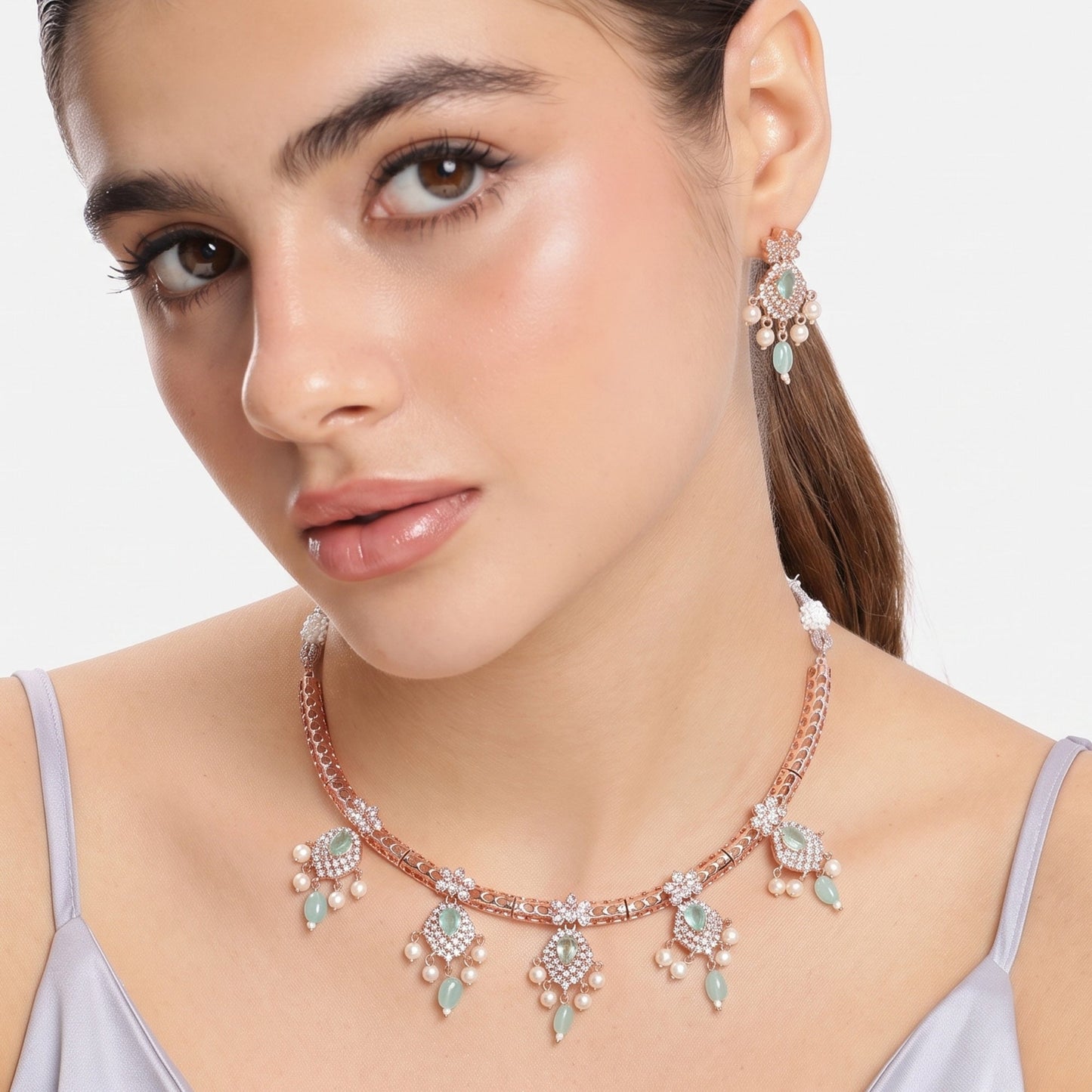 Kanak Mint Green CZ Hasli Necklace Set