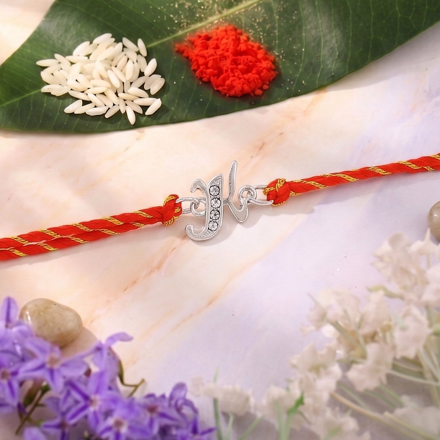 Rhodium Plated Artistic "K" Initials Rakhi