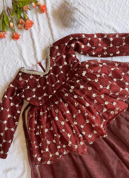 Evanik Maroon Embroidered Work Kids Twill Net Lehenga Choli Set