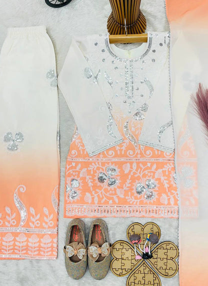 Evanik Peach Designer Party Wear Heavy Natural Crepe Kids Top Palazzo & Dupatta Set