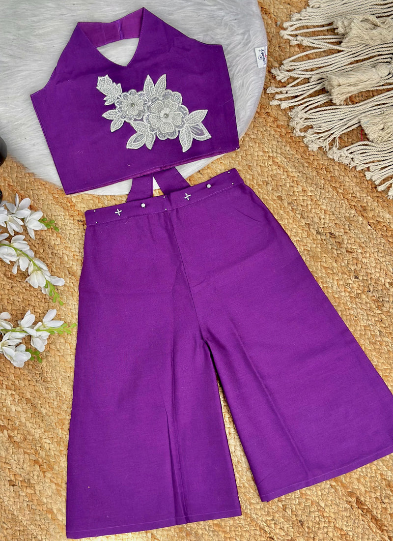 Evanik Purple Pure Khadi Cotton With Patch Work Kids Summer Co-Ord Set