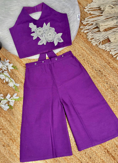 Evanik Purple Pure Khadi Cotton With Patch Work Kids Summer Co-Ord Set