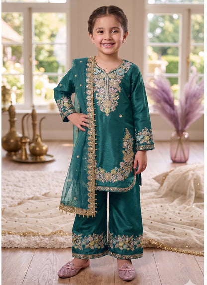 Evanik Turquoise Kids Festival Wear Black Embroidered Silk Kurta Palazzo Set