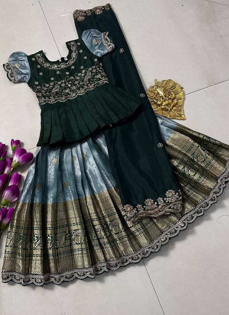 Evanik Kids Seagreen Simmer Silk Zari Weaving Pavadai Lehenga Choli Set
