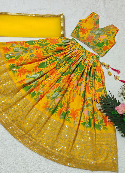 Evanik Yellow Georgette Digital Printed Wedding Kids Lehenga Choli