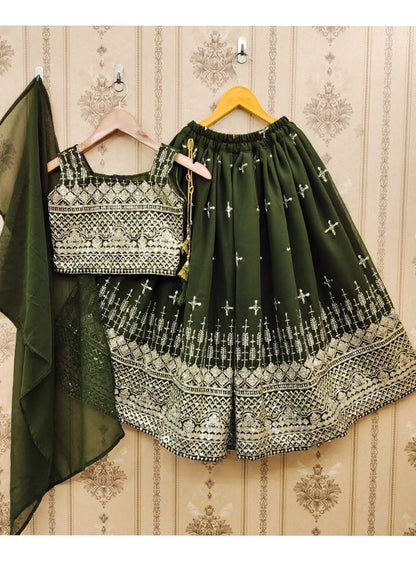 Evanik Green Designer Georgette Embroidered Work Wedding Lehenga Choli For Kids