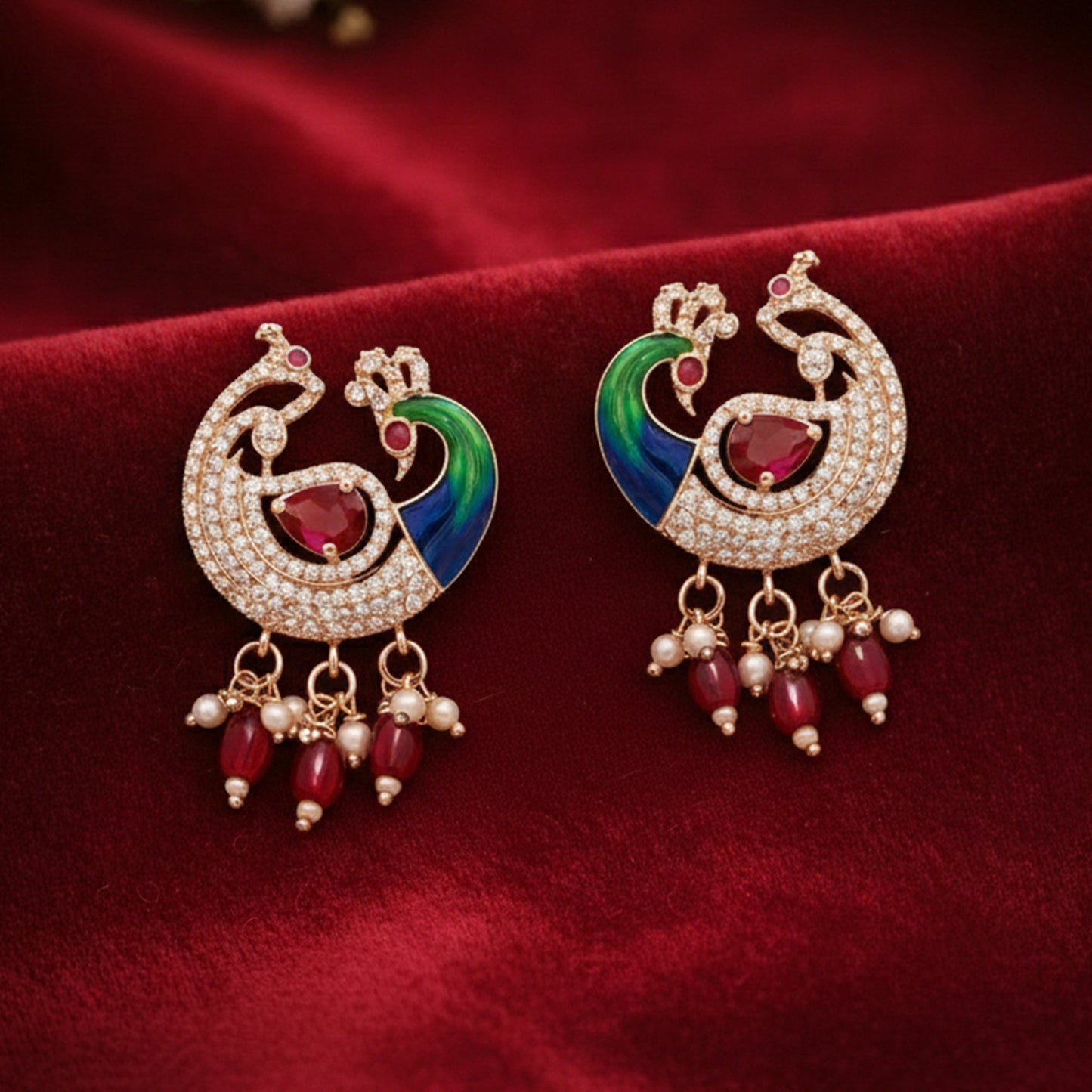 Rajvika – Rose Gold CZ Peacock Drop Earrings