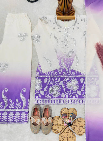 Evanik Purple Designer Party Wear Heavy Natural Crepe Kids Top Palazzo & Dupatta Set