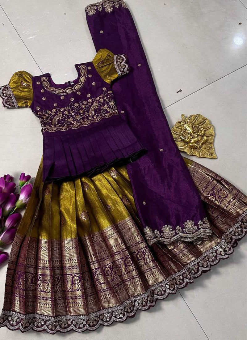 Evanik Kids Mustard Simmer Silk Zari Weaving Pavadai Lehenga Choli Set
