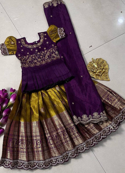 Evanik Kids Mustard Simmer Silk Zari Weaving Pavadai Lehenga Choli Set