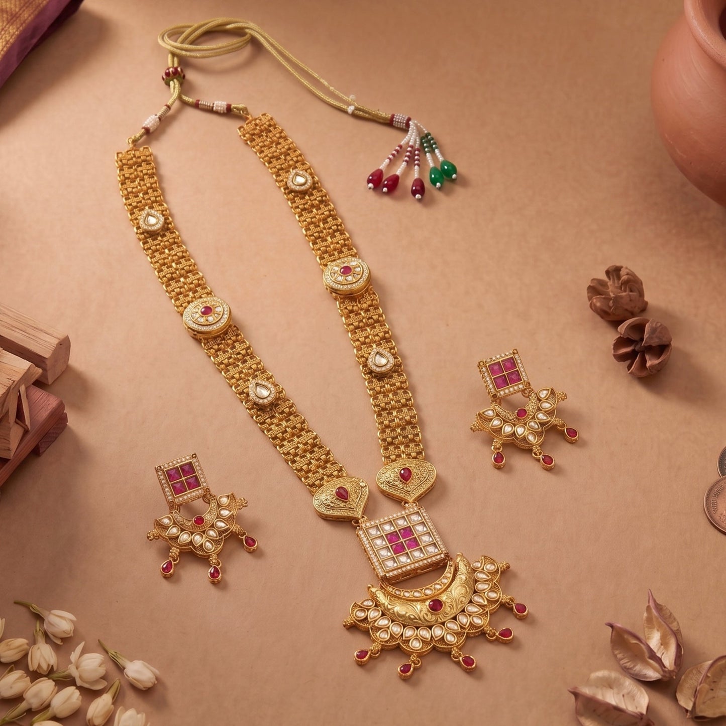 Matte Temple Kundan Long Necklace Set